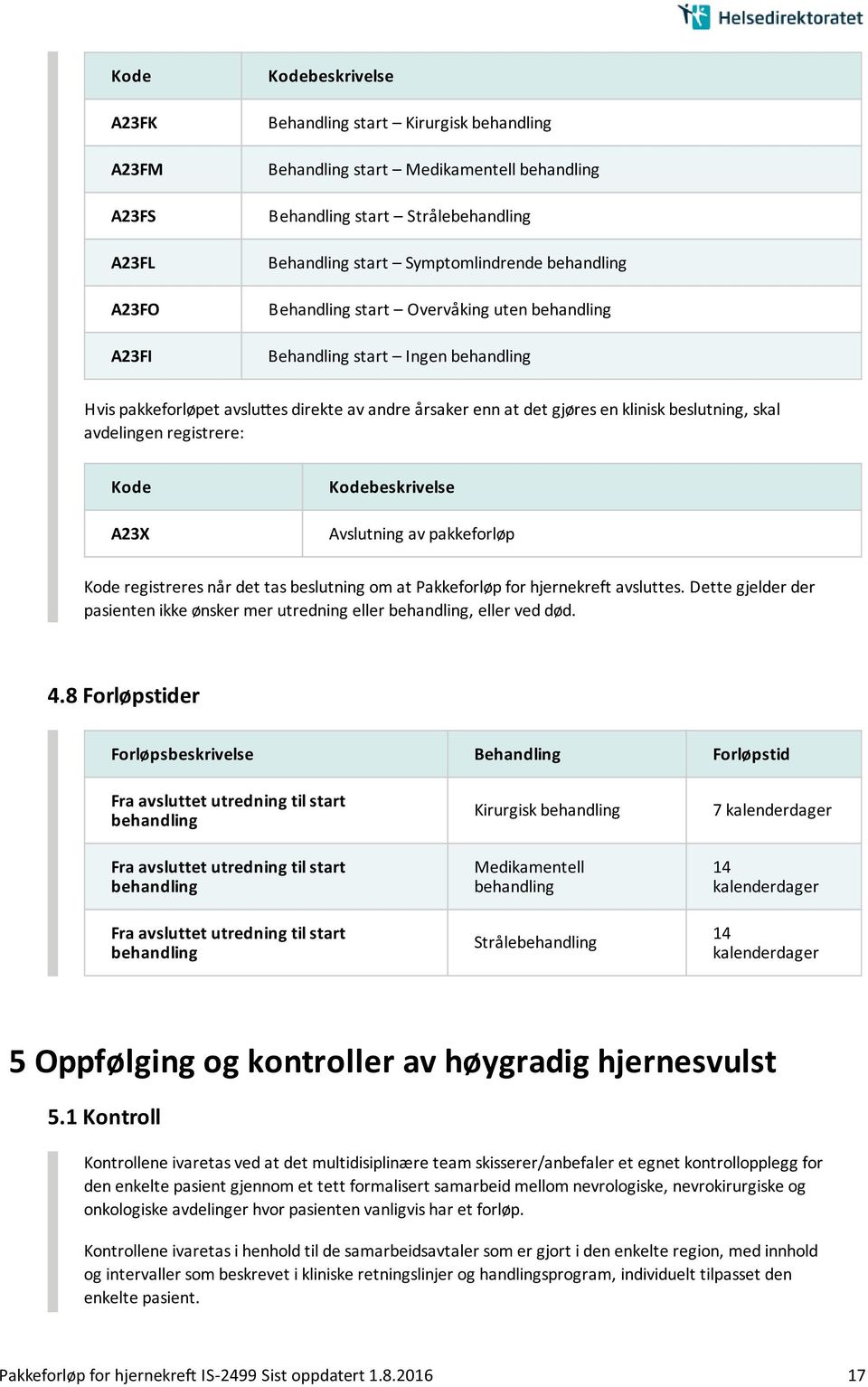 avdelingen registrere: Kode A23X Avslutning av pakkeforløp Kode registreres når det tas beslutning om at Pakkeforløp for hjernekreft avsluttes.