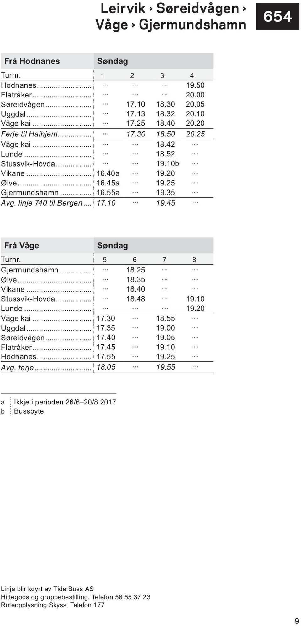 linje 740 til Bergen... 17.10 19.45 Frå Våge Søndag Turnr. 5 6 7 8 Gjermundshamn... 18.25 Ølve... 18.35 Vikane... 18.40 Stussvik-Hovda... 18.48 19.10 Lunde... 19.20 Våge kai... 17.30 18.55 Uggdal.