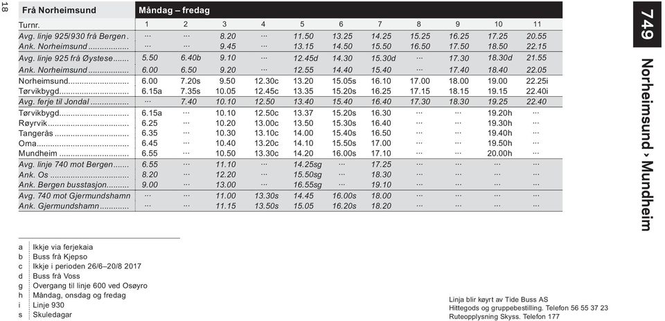 50 12.30c 13.20 15.05s 16.10 17.00 18.00 19.00 22.25i Tørvikbygd... 6.15a 7.35s 10.05 12.45c 13.35 15.20s 16.25 17.15 18.15 19.15 22.40i Avg. ferje til Jondal... 7.40 10.10 12.50 13.40 15.40 16.40 17.