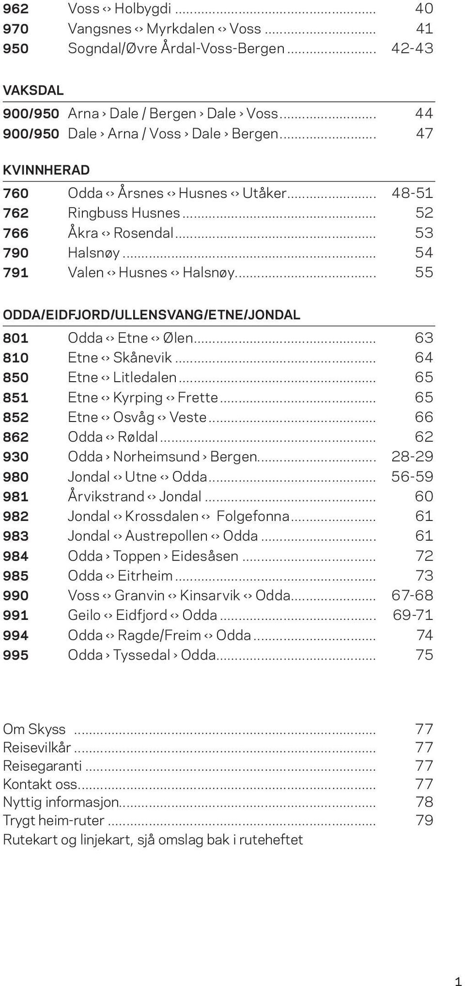 .. 55 ODDA/EIDFJORD/ULLENSVANG/ETNE/JONDAL 801 Odda Etne Ølen... 63 810 Etne Skånevik... 64 850 Etne Litledalen... 65 851 Etne Kyrping Frette... 65 852 Etne Osvåg Veste... 66 862 Odda Røldal.