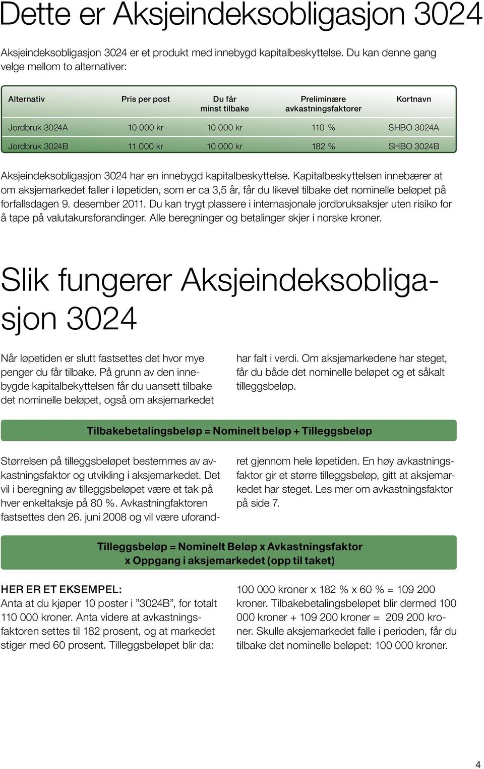 3024B 11 000 kr 10 000 kr 182 % SHBO 3024B Aksjeindeksobligasjon 3024 har en innebygd kapitalbeskyttelse.