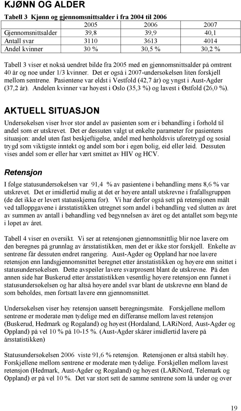 Pasientene var eldst i Vestfold (42,7 år) og yngst i Aust-Agder (37,2 år). Andelen kvinner var høyest i Oslo (35,3 %) og lavest i Østfold (26,0 %).