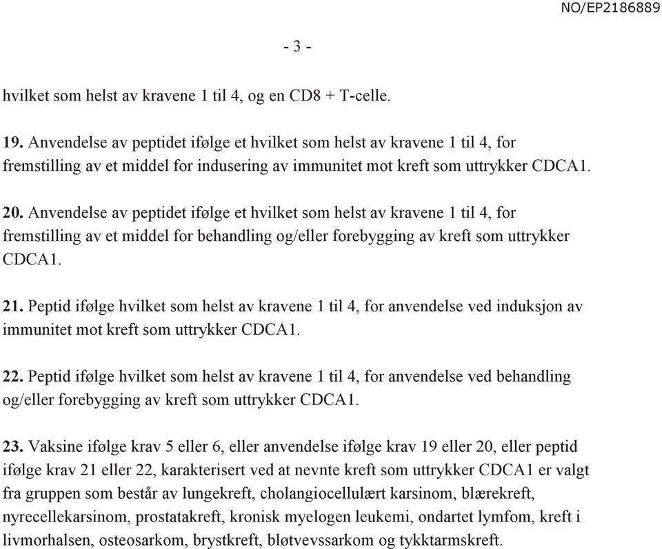 Anvendelse av peptidet ifølge et hvilket som helst av kravene 1 til 4, for fremstilling av et middel for behandling og/eller forebygging av kreft som uttrykker CDCA1. 21.