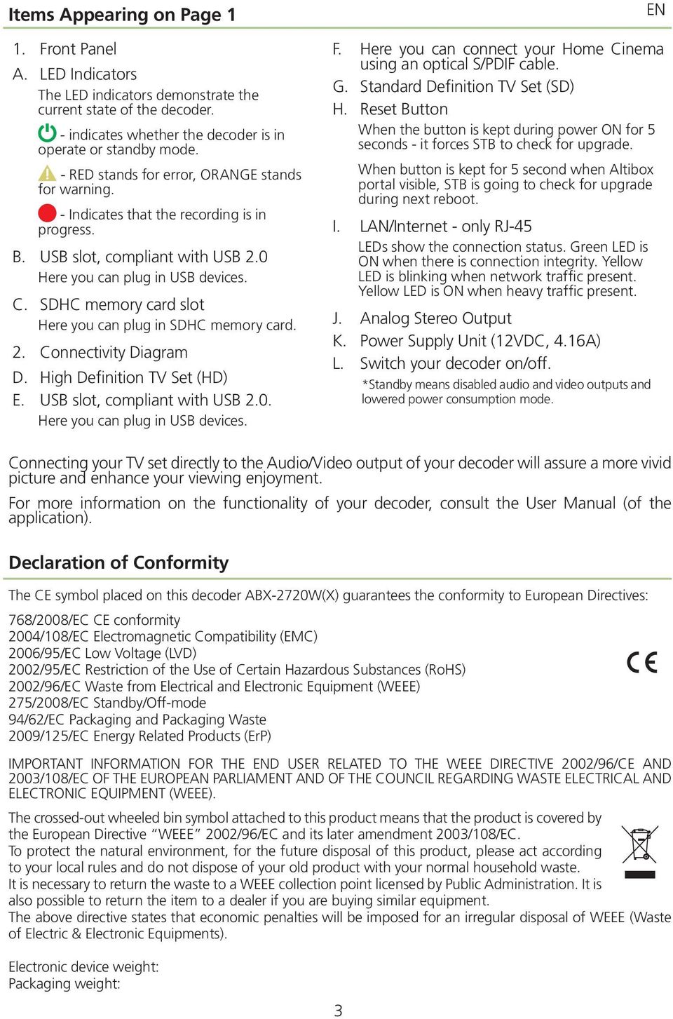 SDHC memory card slot Here you can plug in SDHC memory card. 2. Connectivity Diagram D. High Definition TV Set (HD) E. USB slot, compliant with USB 2.0. Here you can plug in USB devices. EN F.