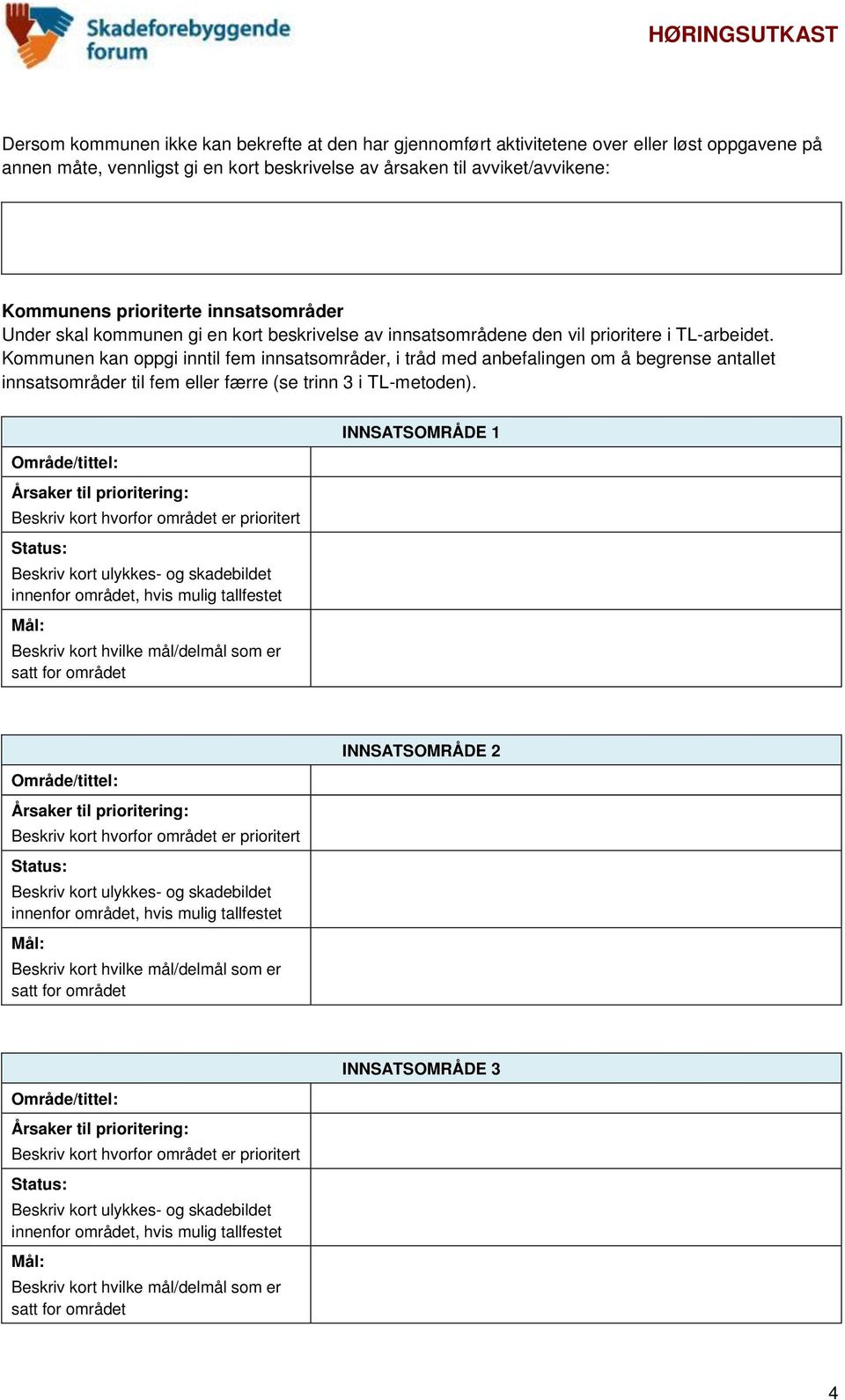 beskrivelse av innsatsområdene den vil prioritere i TL-arbeidet.