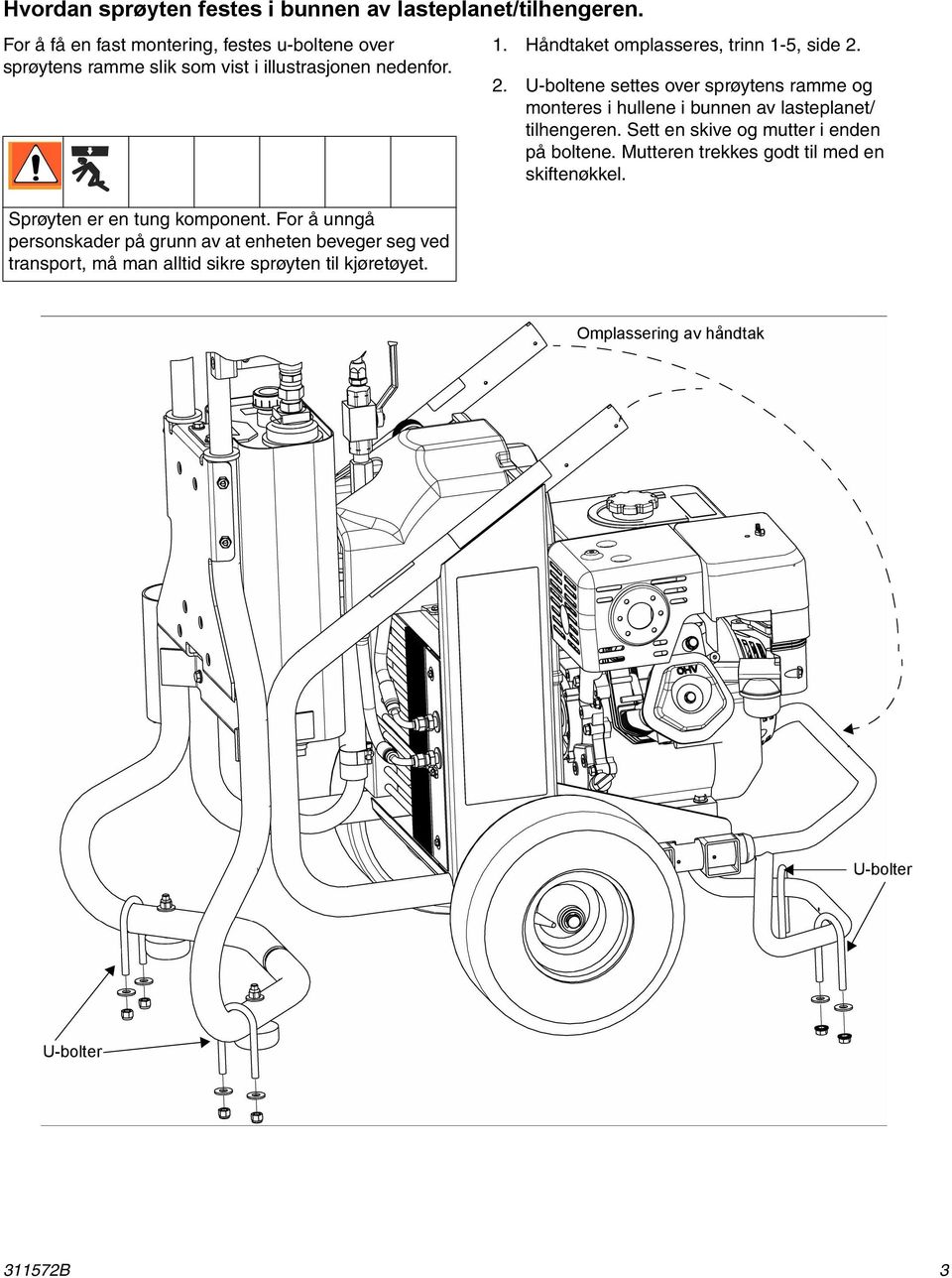For å unngå personskader på grunn av at enheten beveger seg ved transport, må man alltid sikre sprøyten til kjøretøyet. 1.