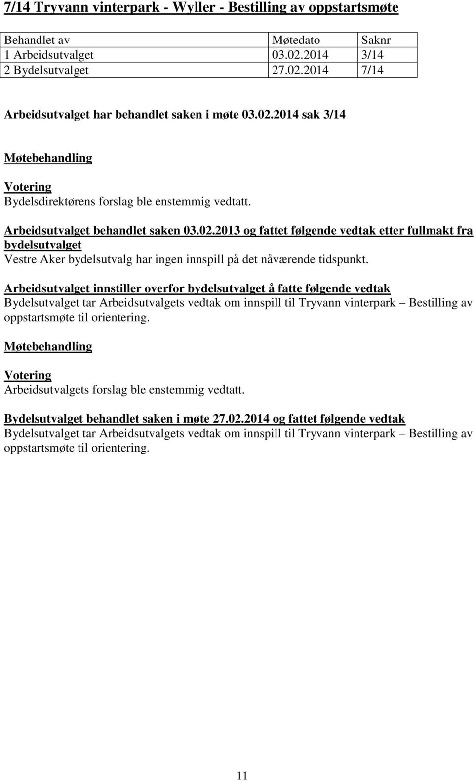 Arbeidsutvalget innstiller overfor bydelsutvalget å fatte følgende vedtak Bydelsutvalget tar Arbeidsutvalgets vedtak om innspill til Tryvann vinterpark Bestilling av oppstartsmøte til