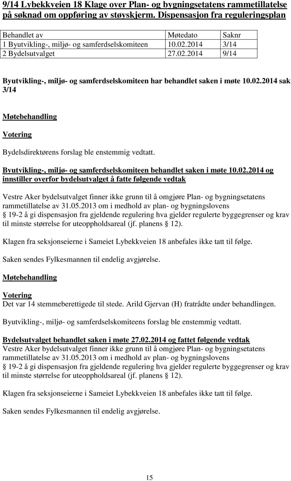 02.2014 og innstiller overfor bydelsutvalget å fatte følgende vedtak Vestre Aker bydelsutvalget finner ikke grunn til å omgjøre Plan- og bygningsetatens rammetillatelse av 31.05.