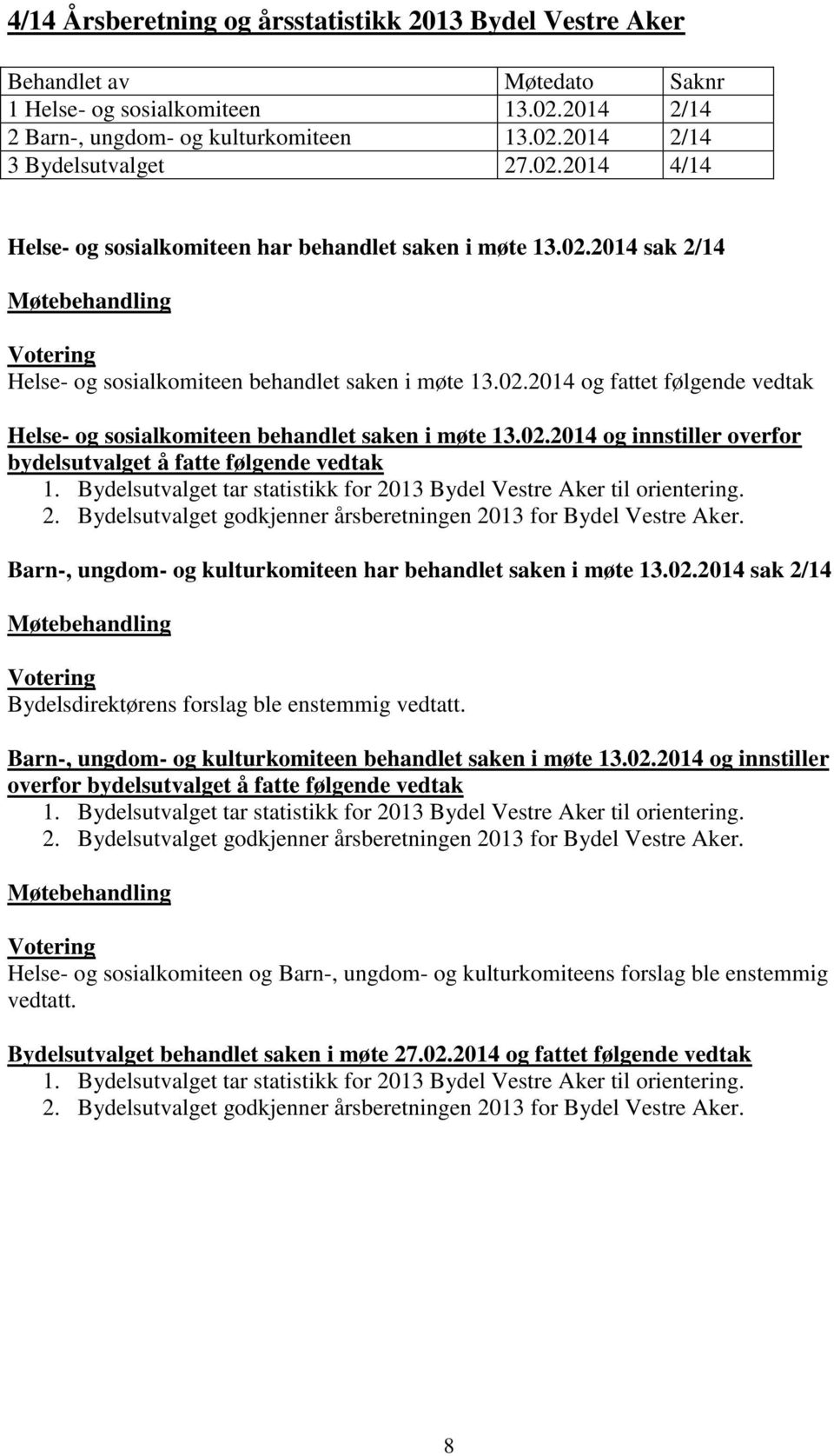 Bydelsutvalget tar statistikk for 2013 Bydel Vestre Aker til orientering. 2. Bydelsutvalget godkjenner årsberetningen 2013 for Bydel Vestre Aker.