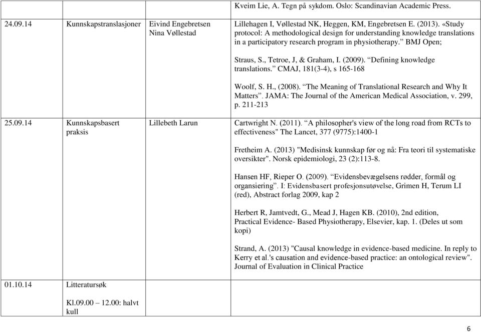 14 Litteratursøk Kl.09.00 12.00: halvt kull Lillebeth Larun Straus, S., Tetroe, J, & Graham, I. (2009). Defining knowledge translations. CMAJ, 181(3-4), s 165-168 Woolf, S. H., (2008).