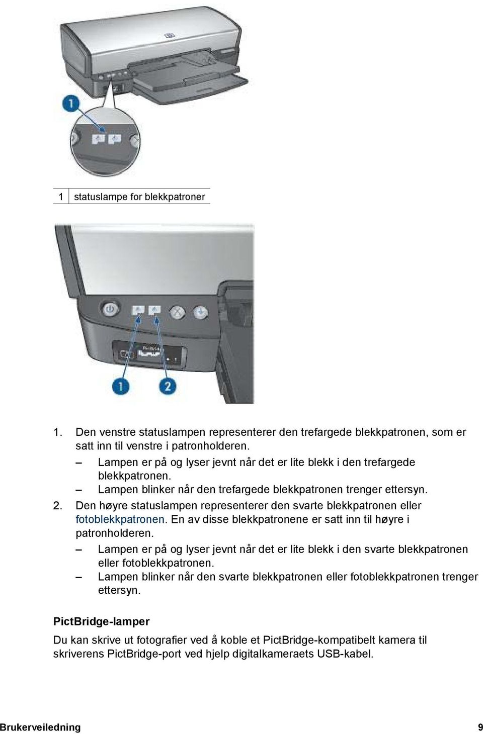 Den høyre statuslampen representerer den svarte blekkpatronen eller fotoblekkpatronen. En av disse blekkpatronene er satt inn til høyre i patronholderen.