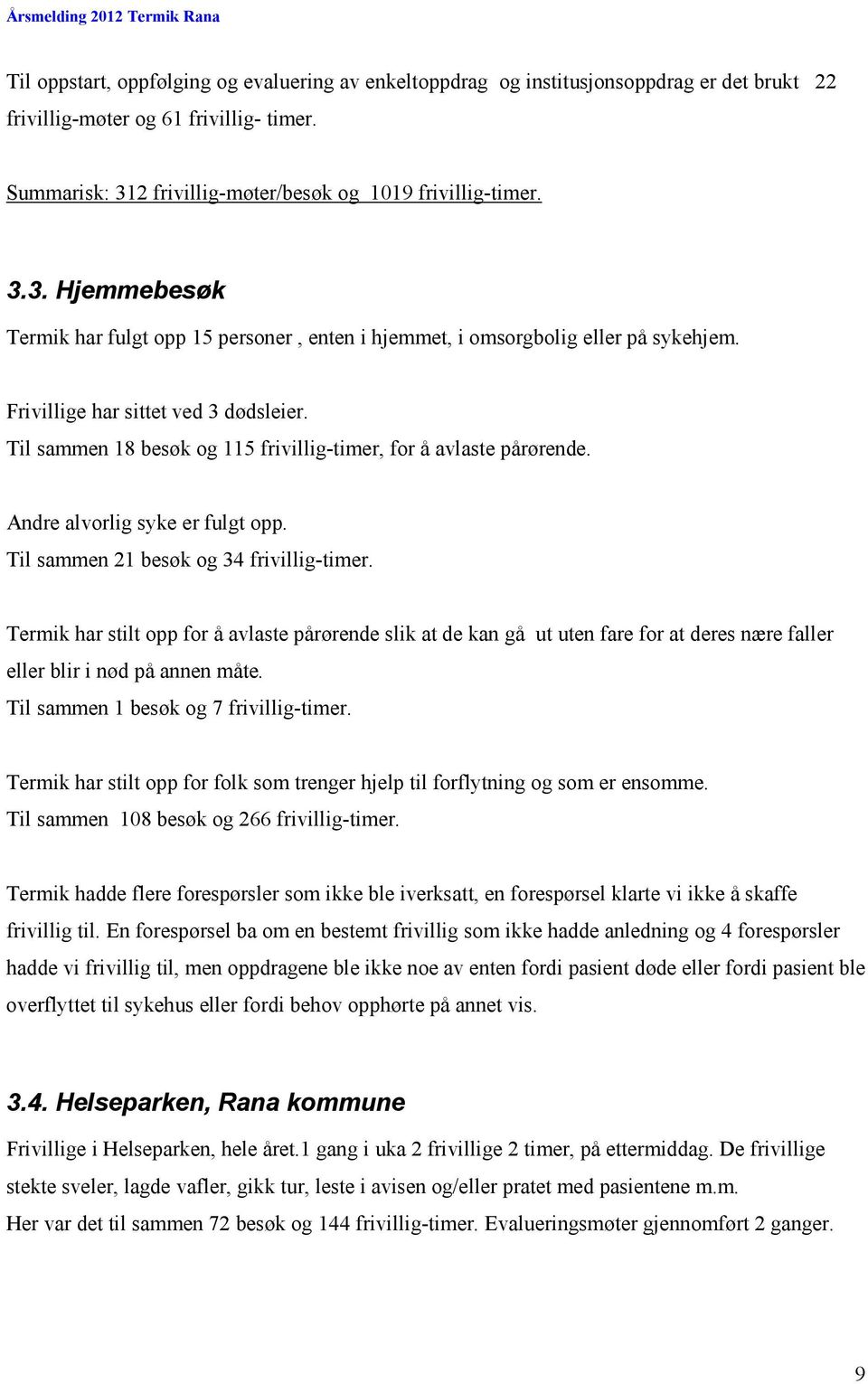 Til sammen 18 besøk og 115 frivillig-timer, for å avlaste pårørende. Andre alvorlig syke er fulgt opp. Til sammen 21 besøk og 34 frivillig-timer.