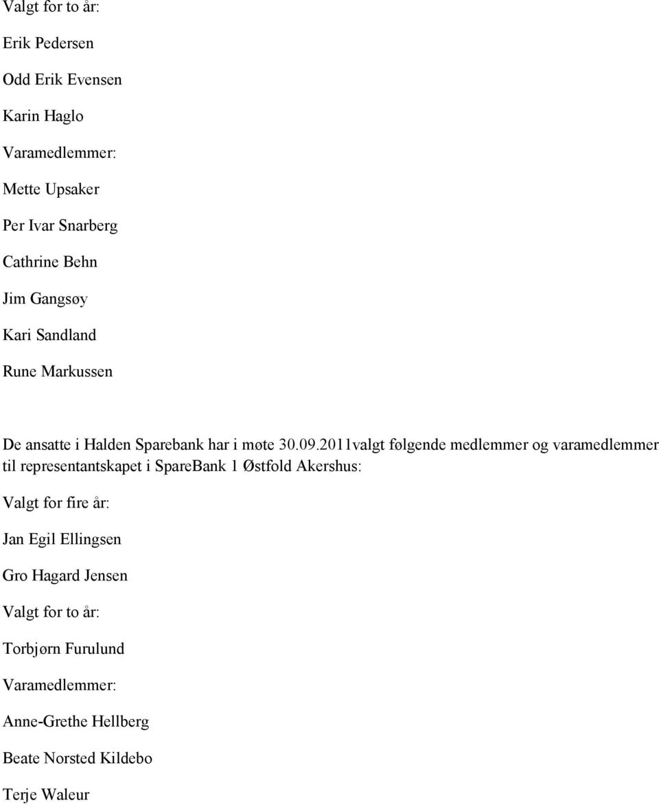 2011valgt følgende medlemmer og varamedlemmer til representantskapet i SpareBank 1 Østfold Akershus: Valgt for
