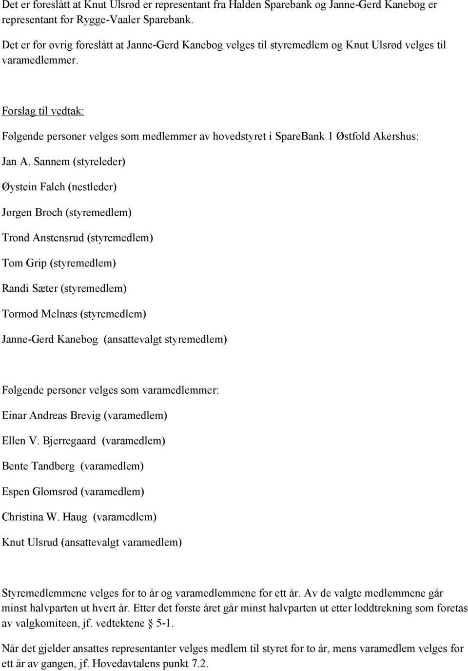 Forslag til vedtak: Følgende personer velges som medlemmer av hovedstyret i SpareBank 1 Østfold Akershus: Jan A.