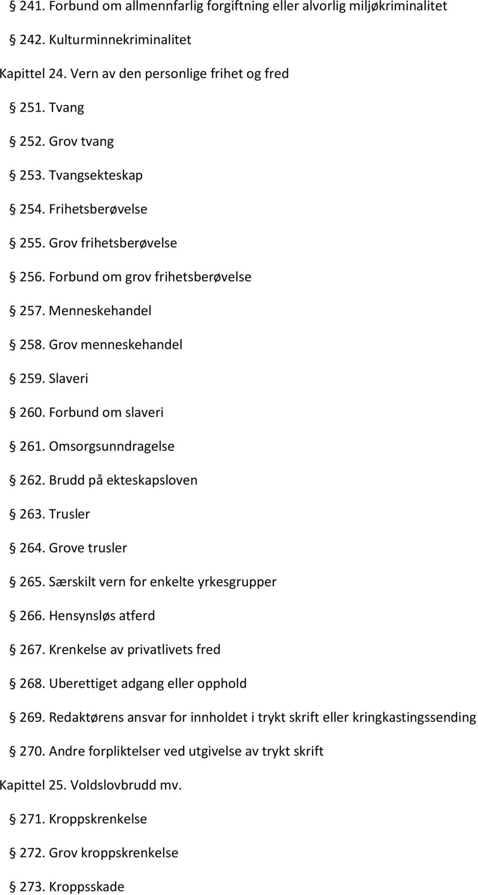 Omsorgsunndragelse 262. Brudd på ekteskapsloven 263. Trusler 264. Grove trusler 265. Særskilt vern for enkelte yrkesgrupper 266. Hensynsløs atferd 267. Krenkelse av privatlivets fred 268.