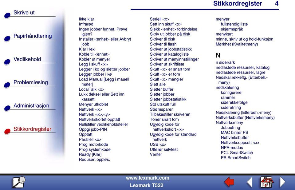deksel eller Sett inn kassett Menyer utkoblet Nettverk <x> Nettverk <x>,<y> Nettverkskortet opptatt Nullstiller vedlikeholdsteller Oppgi jobb-pin Opptatt Parallell <x> Prog motorkode Prog systemkode