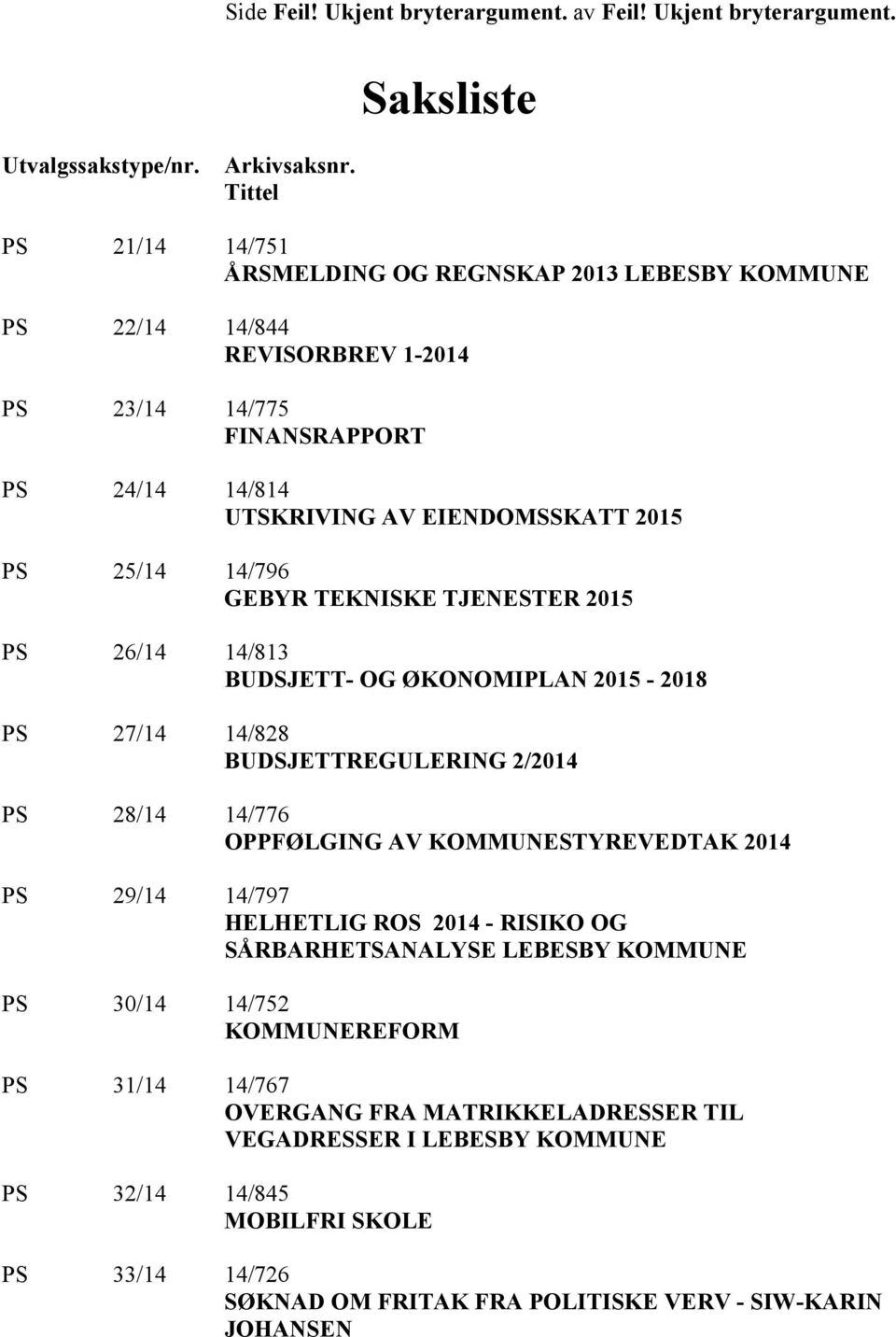 14/796 GEBYR TEKNISKE TJENESTER 2015 PS 26/14 14/813 BUDSJETT- OG ØKONOMIPLAN 2015-2018 PS 27/14 14/828 BUDSJETTREGULERING 2/2014 PS 28/14 14/776 OPPFØLGING AV KOMMUNESTYREVEDTAK 2014 PS 29/14