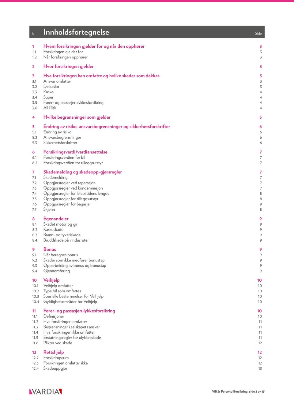 5 Fører- og passasjerulykkesforsikring 4 3.6 All Risk 4 4 Hvilke begrensninger som gjelder 5 5 Endring av risiko, ansvarsbegrensninger og sikkerhetsforskrifter 6 5.1 Endring av risiko 6 5.