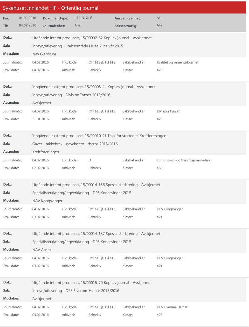 /2016 Divisjon Tynset Dok. dato: 31.01.2016 Arkivdel: Sakarkiv 423 Inngående eksternt produsert, 15/00010-21 Takk for støtten til Kreftforeningen Gaver - takkebrev - gavekonto - ris/ros 2015/2016