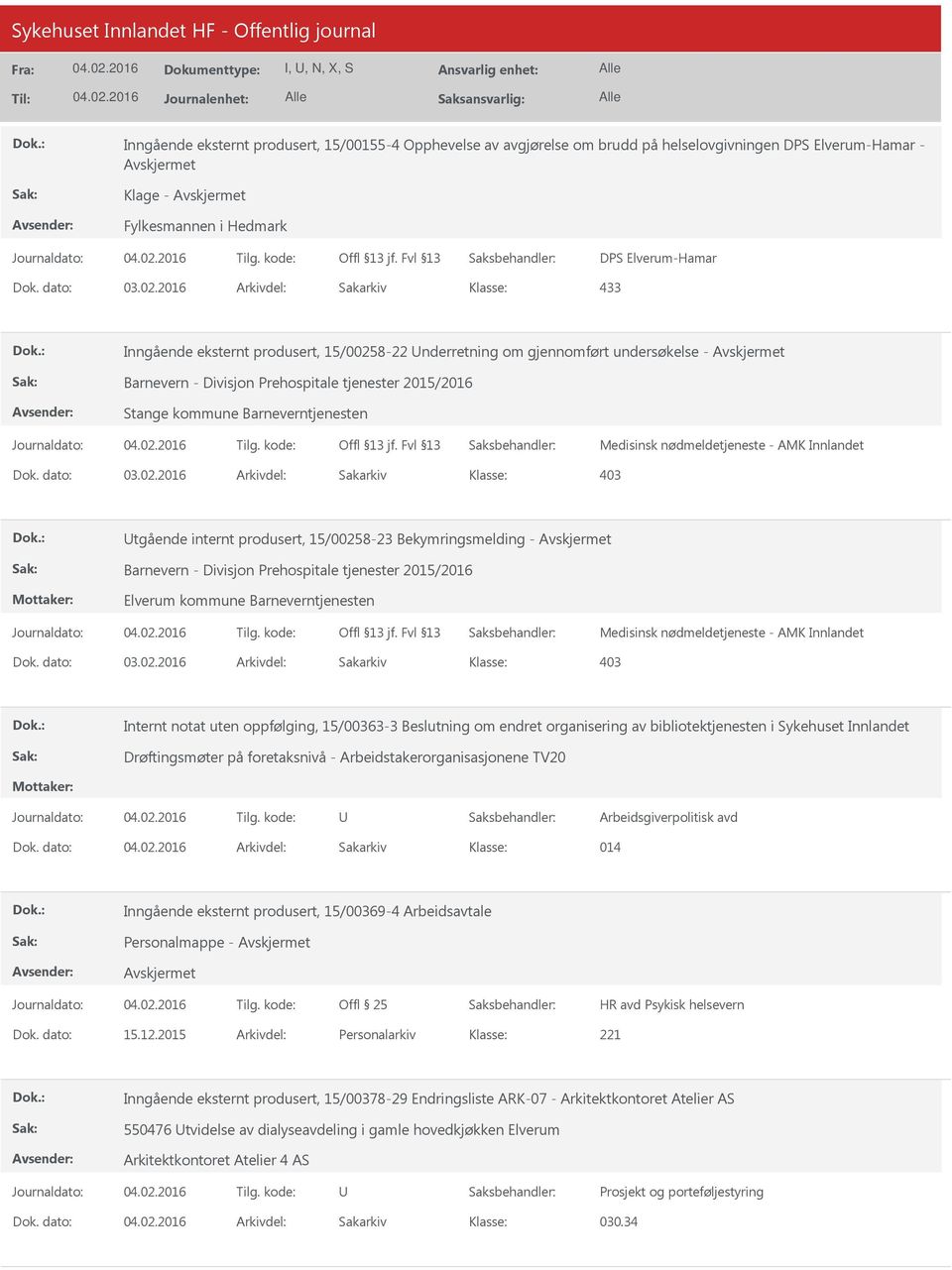 internt produsert, 15/00258-23 Bekymringsmelding - Barnevern - Divisjon Prehospitale tjenester 2015/2016 Elverum kommune Barneverntjenesten Medisinsk nødmeldetjeneste - AMK Innlandet 403 Internt