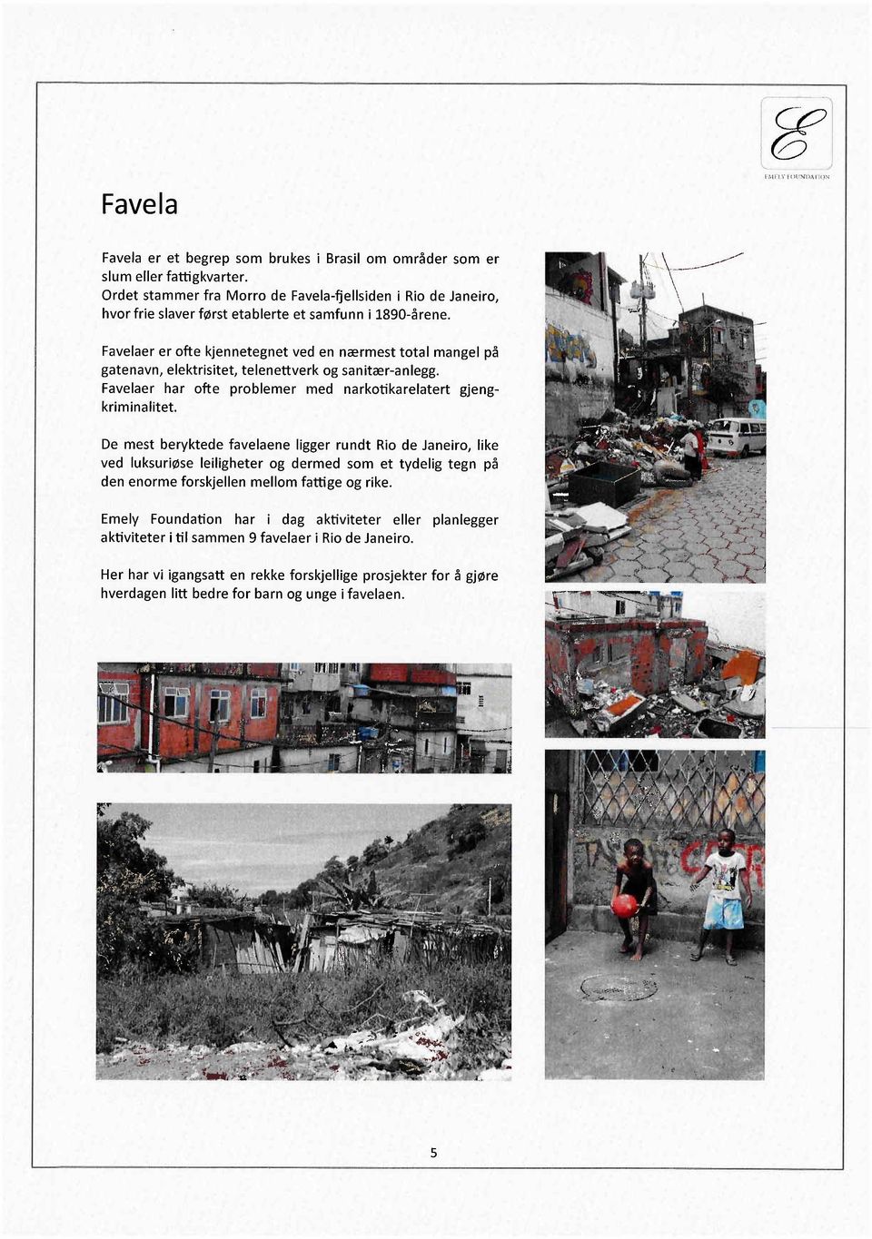 Favelaer er ofte kjennetegnet ved en nærmest total mangel på gatenavn, elektrisitet, telenettverk og sanitær-anlegg. Favelaer har ofte problemer med narkotikarelatert gjengkriminalitet.