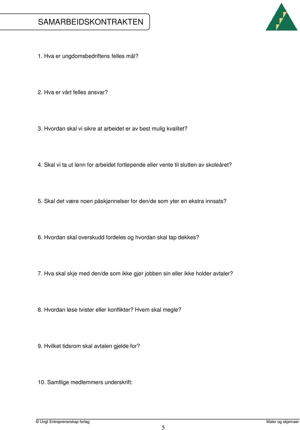 Hvordan skal overskudd fordeles og hvordan skal tap dekkes? 7. Hva skal skje med den/de som ikke gjør jobben sin eller ikke holder avtaler? 8.