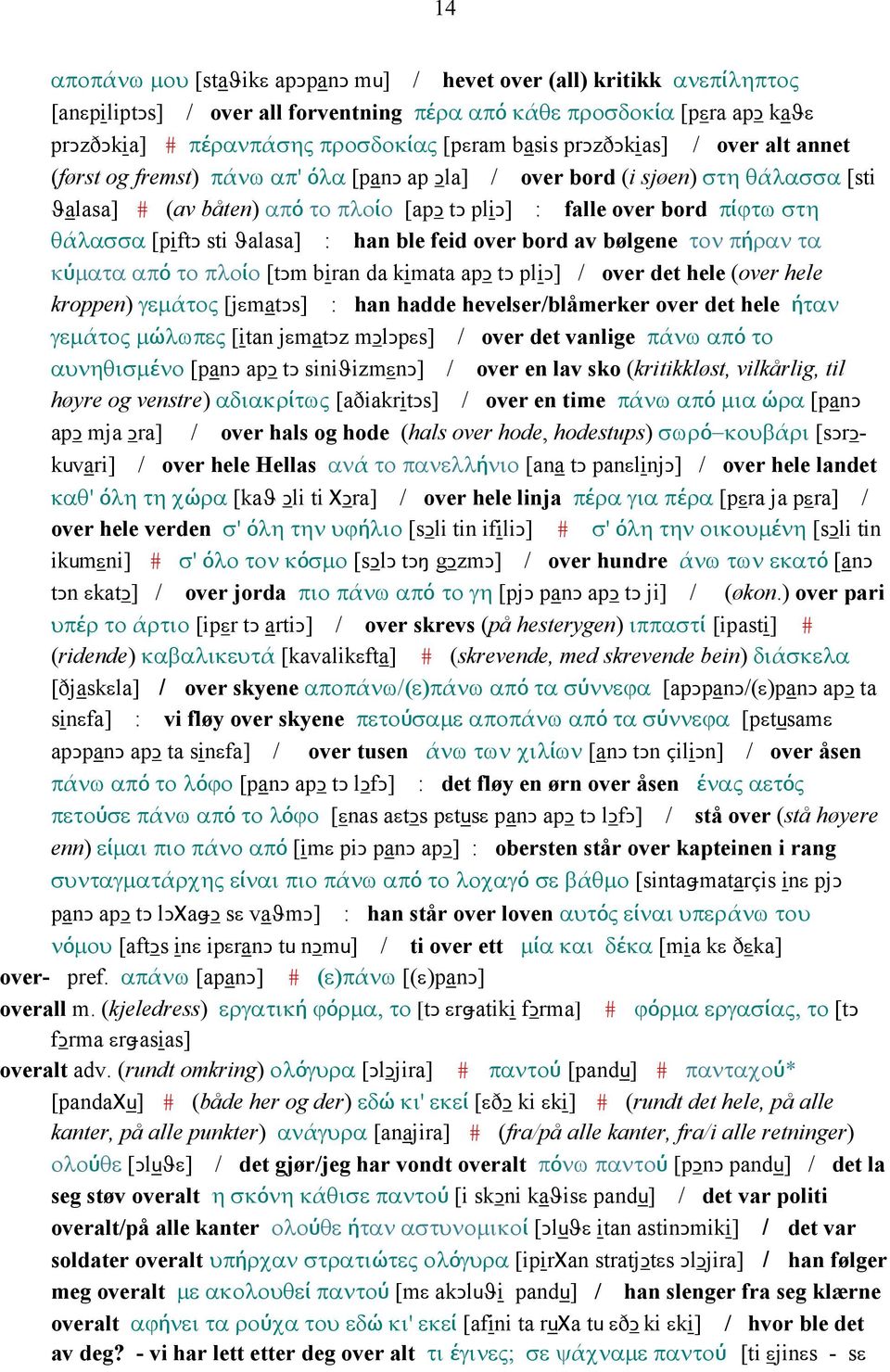 [piftǥ sti ϑalasa] : han ble feid over bord av bølgene τον πήραν τα κύµατα από το πλοίο [tǥm biran da kimata apǥ tǥ pliǥ] / over det hele (over hele kroppen) γεµάτος [jεmatǥs] : han hadde