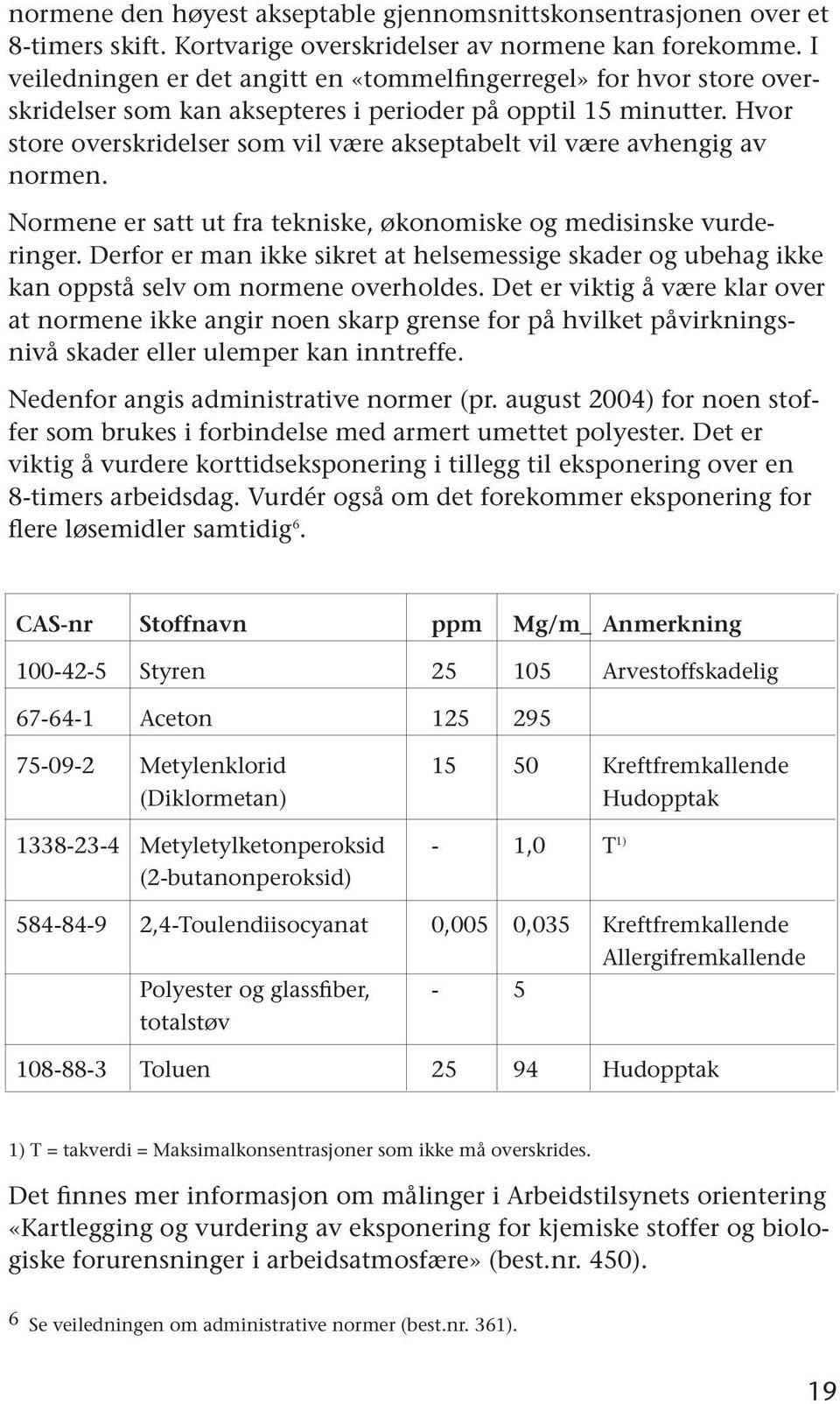 Hvor store overskridelser som vil være akseptabelt vil være avhengig av normen. Normene er satt ut fra tekniske, økonomiske og medisinske vurderinger.