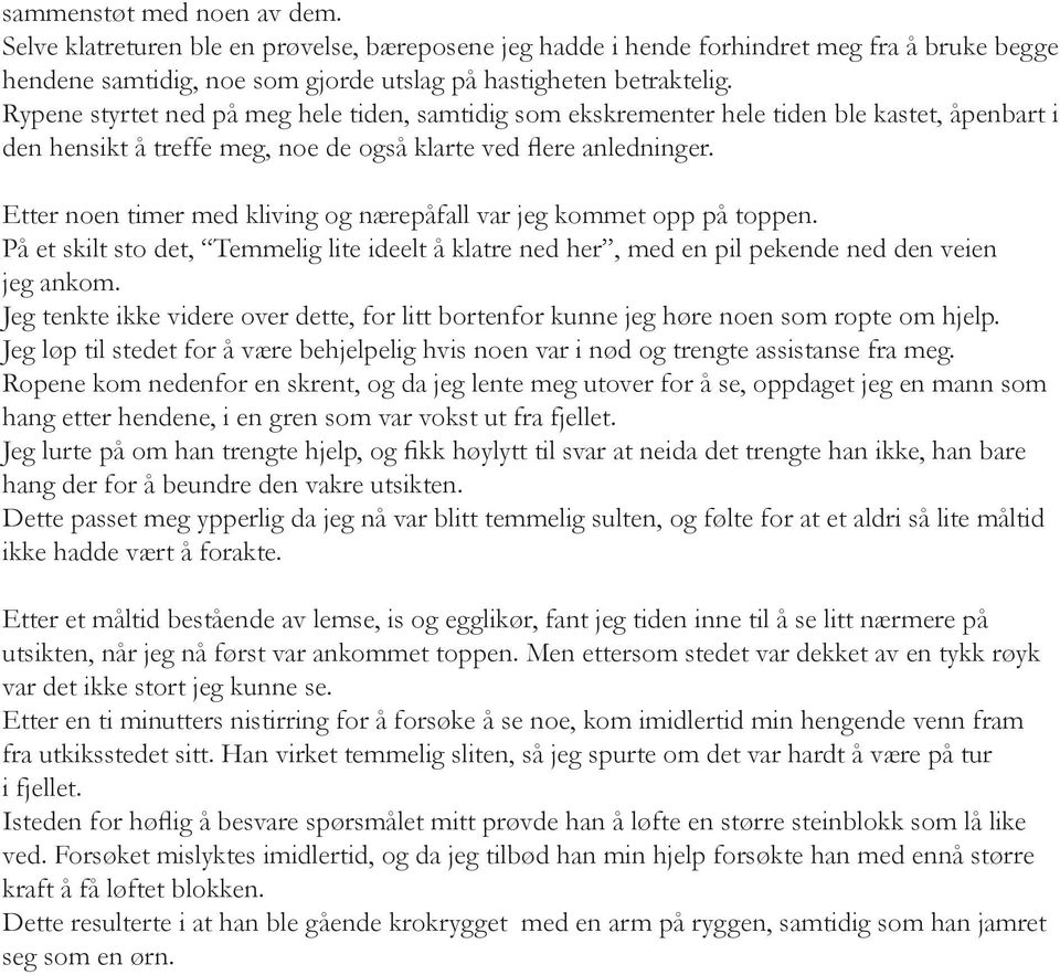 Etter noen timer med kliving og nærepåfall var jeg kommet opp på toppen. På et skilt sto det, Temmelig lite ideelt å klatre ned her, med en pil pekende ned den veien jeg ankom.