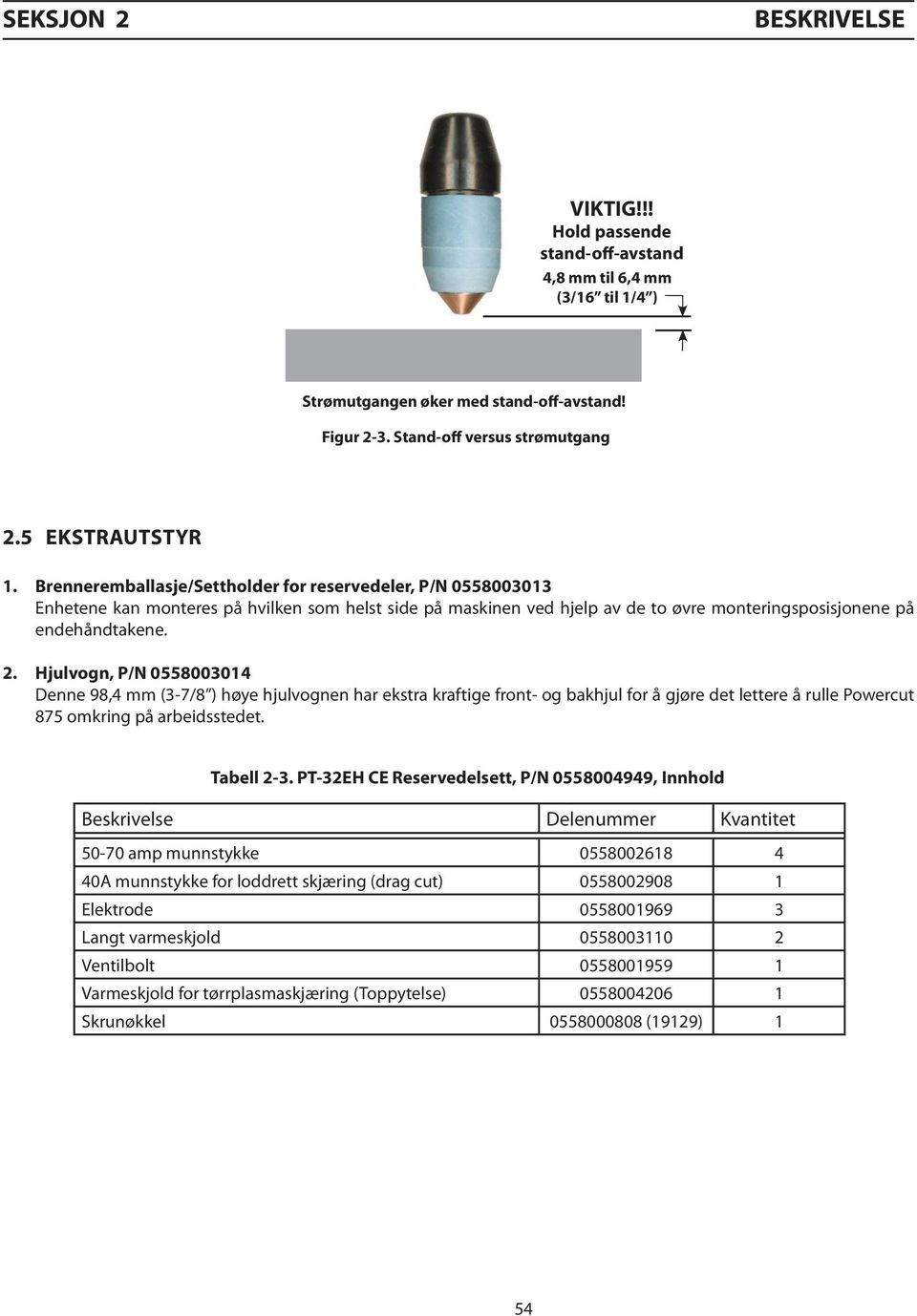 Hjulvogn, P/N 0558003014 Denne 98,4 mm (3-7/8 ) høye hjulvognen har ekstra kraftige front- og bakhjul for å gjøre det lettere å rulle Powercut 875 omkring på arbeidsstedet. Tabell 2-3.