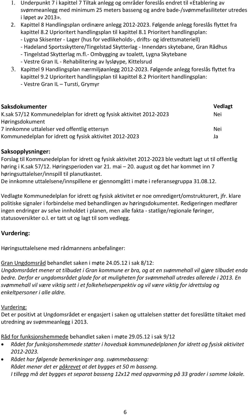 1 Prioritert handlingsplan: Lygna Skisenter Lager (hus for vedlikeholds, drifts og idrettsmateriell) Hadeland Sportsskyttere/Tingelstad Skytterlag Innendørs skytebane, Gran Rådhus Tingelstad