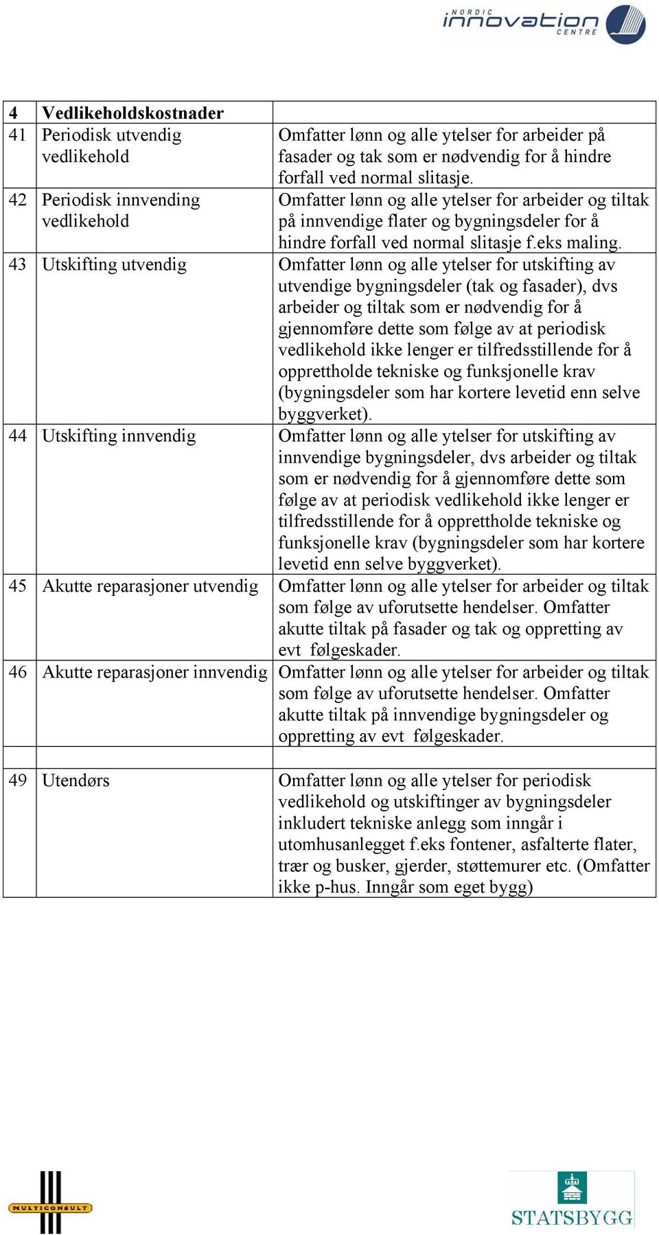 43 Utskifting utvendig Omfatter lønn og alle ytelser for utskifting av utvendige bygningsdeler (tak og fasader), dvs arbeider og tiltak som er nødvendig for å gjennomføre dette som følge av at