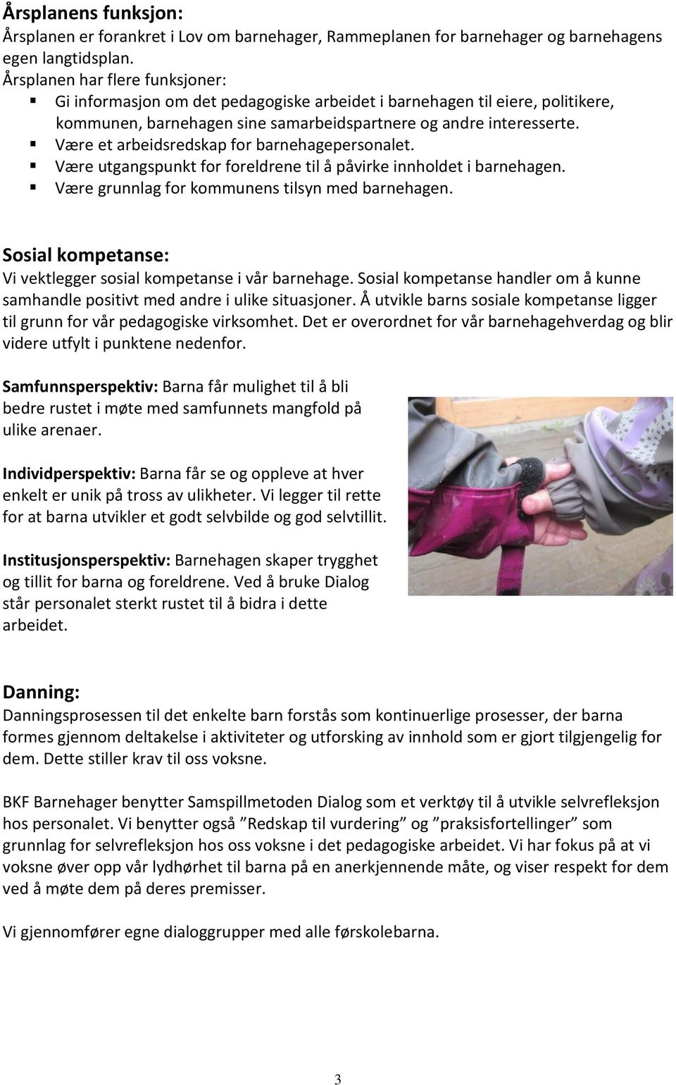 Være et arbeidsredskap for barnehagepersonalet. Være utgangspunkt for foreldrene til å påvirke innholdet i barnehagen. Være grunnlag for kommunens tilsyn med barnehagen.