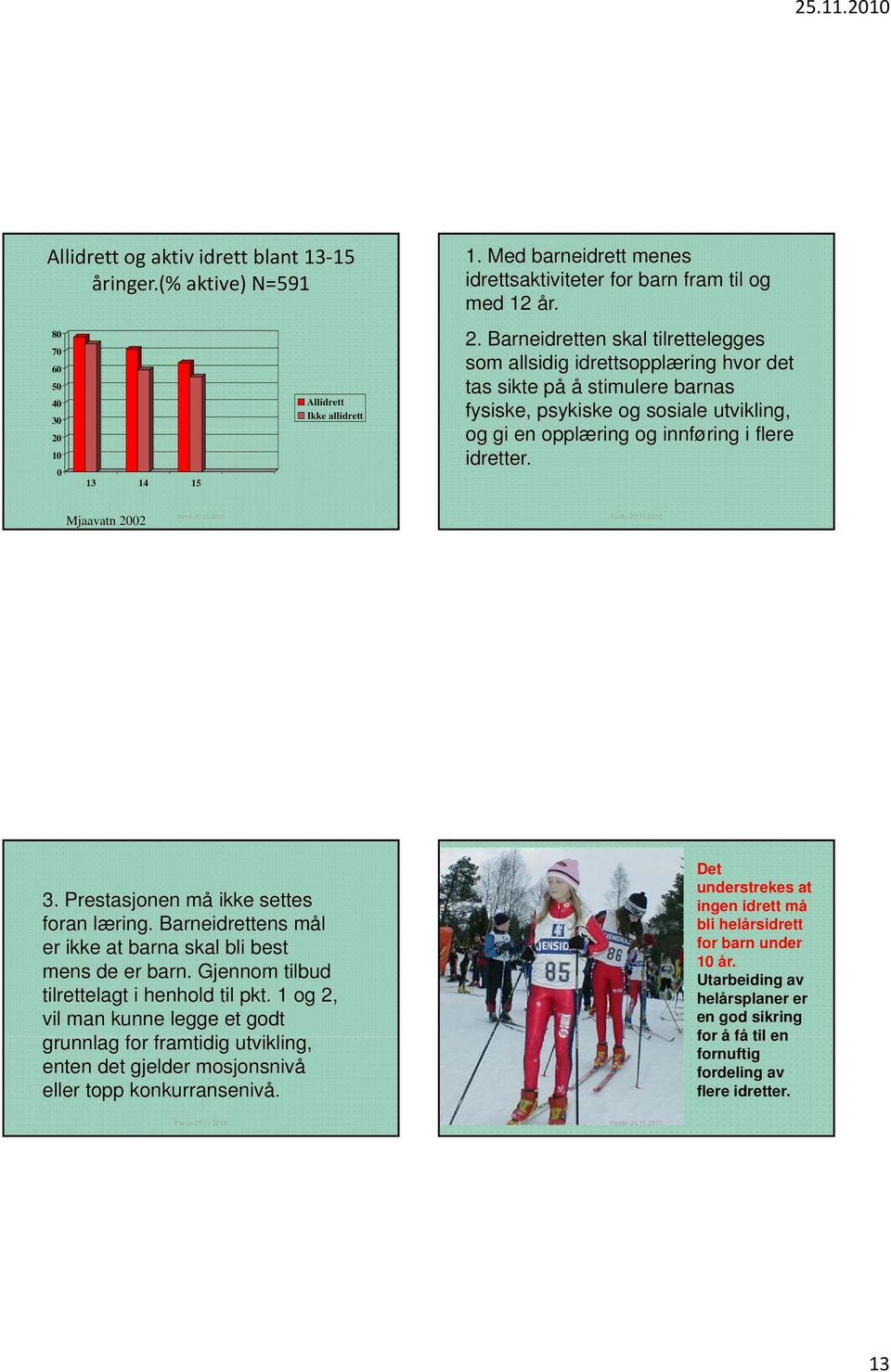 Mjaavatn 2002 3. Prestasjonen må ikke settes foran læring. Barneidrettens mål er ikke at barna skal bli best mens de er barn. Gjennom tilbud tilrettelagt i henhold til pkt.