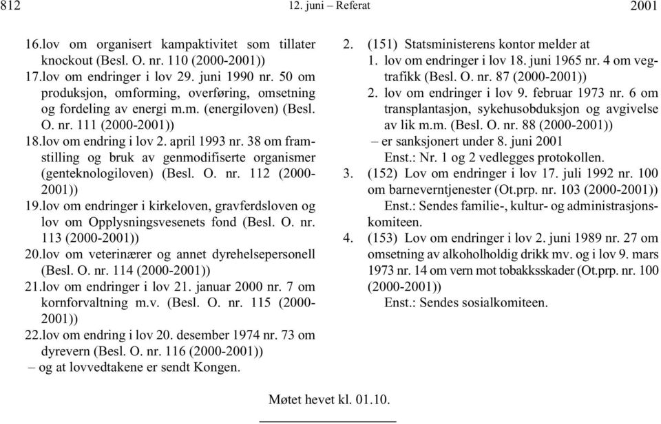 38 om framstilling og bruk av genmodifiserte organismer (genteknologiloven) (Besl. O. nr. 112 (2000-2001)) 19.lov om endringer i kirkeloven, gravferdsloven og lov om Opplysningsvesenets fond (Besl. O. nr. 113 (2000-2001)) 20.