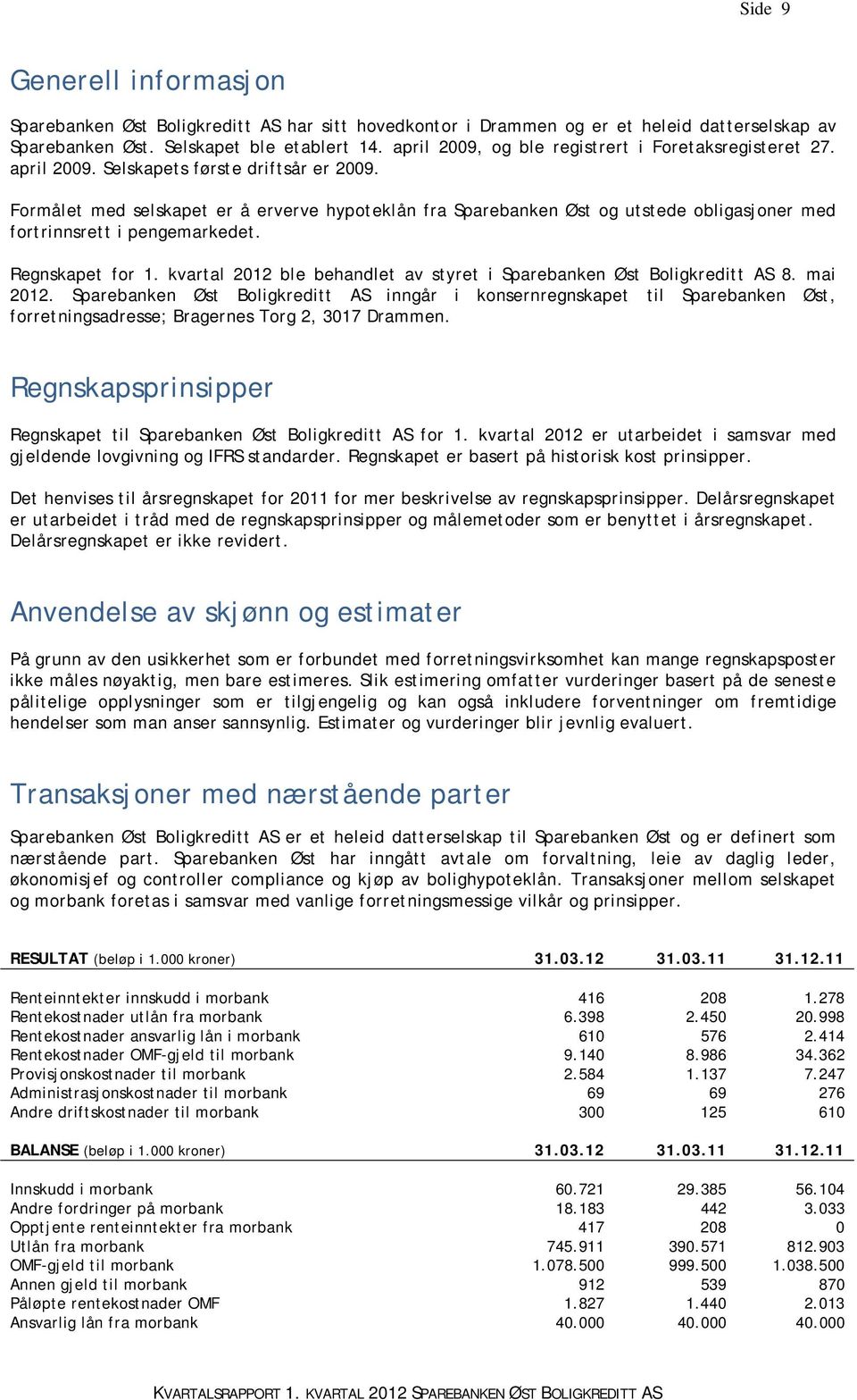 Formålet med selskapet er å erverve hypoteklån fra Sparebanken Øst og utstede obligasjoner med fortrinnsrett i pengemarkedet. Regnskapet for 1.