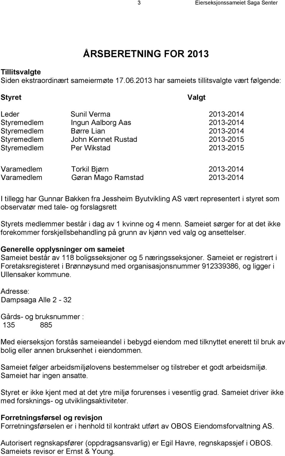 2013-2015 Styremedlem Per Wikstad 2013-2015 Varamedlem Torkil Bjørn 2013-2014 Varamedlem Gøran Mago Ramstad 2013-2014 I tillegg har Gunnar Bakken fra Jessheim Byutvikling AS vært representert i