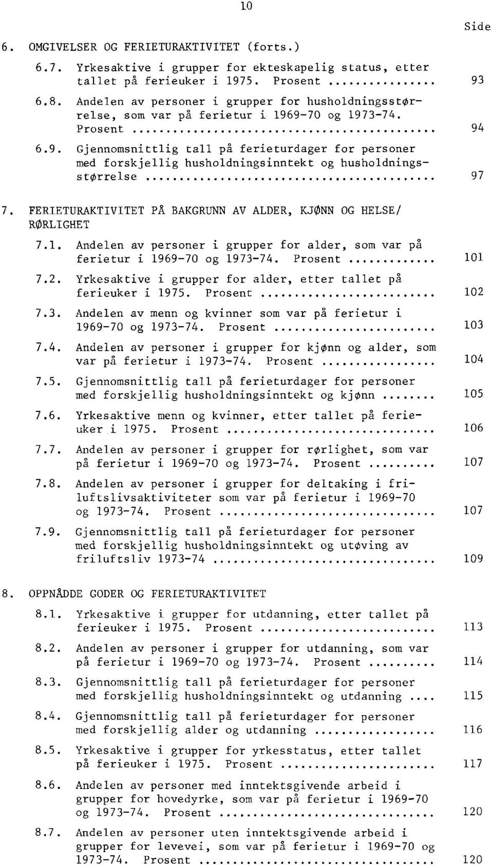 9-70 og 1973-74. Prosent 94 6.9. Gjennomsnittlig tall på ferieturdager for personer med forskjellig husholdningsinntekt og husholdningsstørrelse 97 Side 7.