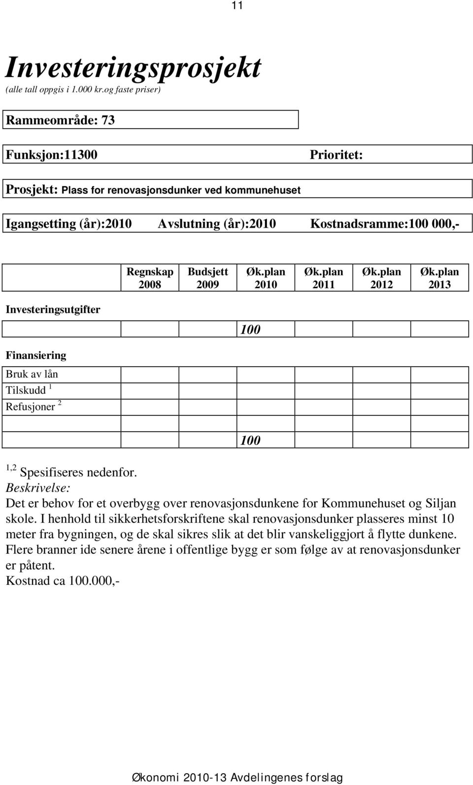 Det er behov for et overbygg over renovasjonsdunkene for Kommunehuset og Siljan skole.