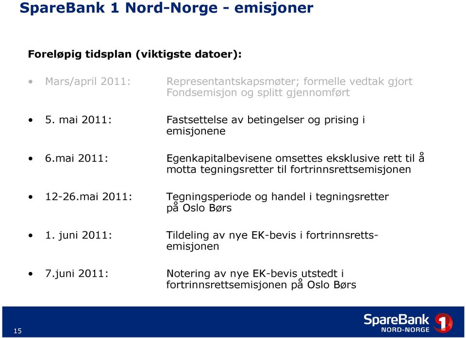 mai 2011: Egenkapitalbevisene omsettes eksklusive rett til å motta tegningsretter til fortrinnsrettsemisjonen 12-26.