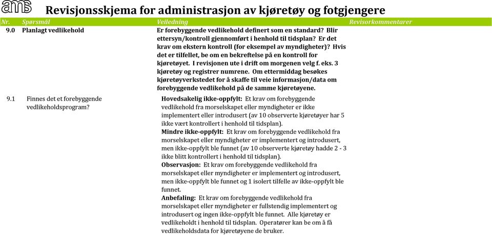 Om ettermiddag besøkes kjøretøyverkstedet for å skaffe til veie informasjon/data om forebyggende vedlikehold på de samme kjøretøyene. 9.1 Finnes det et forebyggende vedlikeholdsprogram?