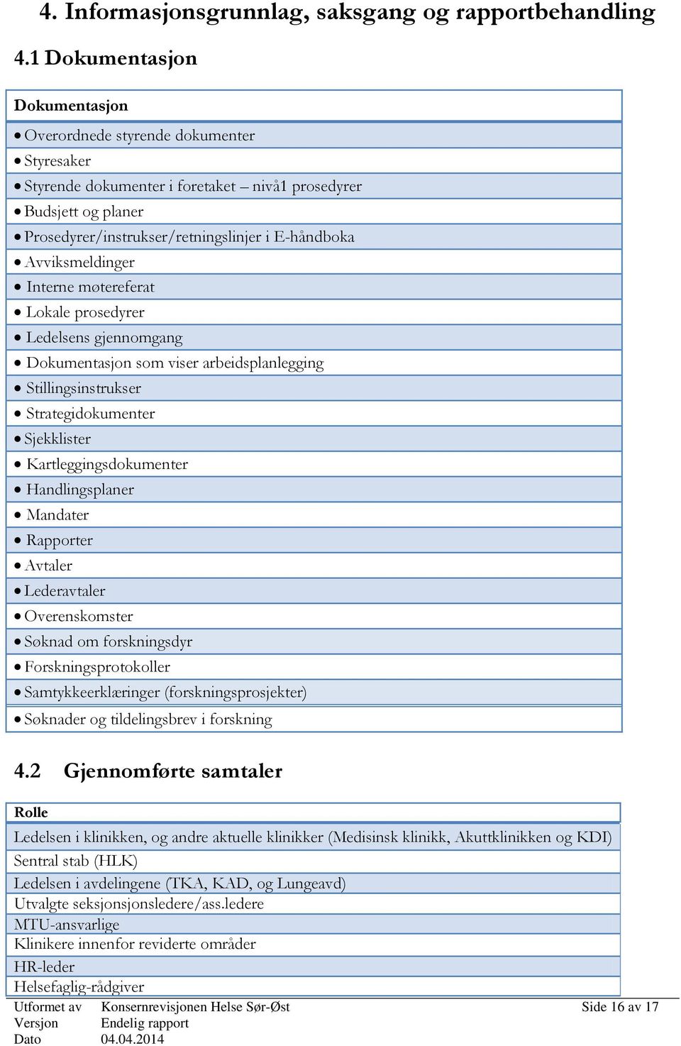 Avviksmeldinger Interne møtereferat Lokale prosedyrer Ledelsens gjennomgang Dokumentasjon som viser arbeidsplanlegging Stillingsinstrukser Strategidokumenter Sjekklister Kartleggingsdokumenter