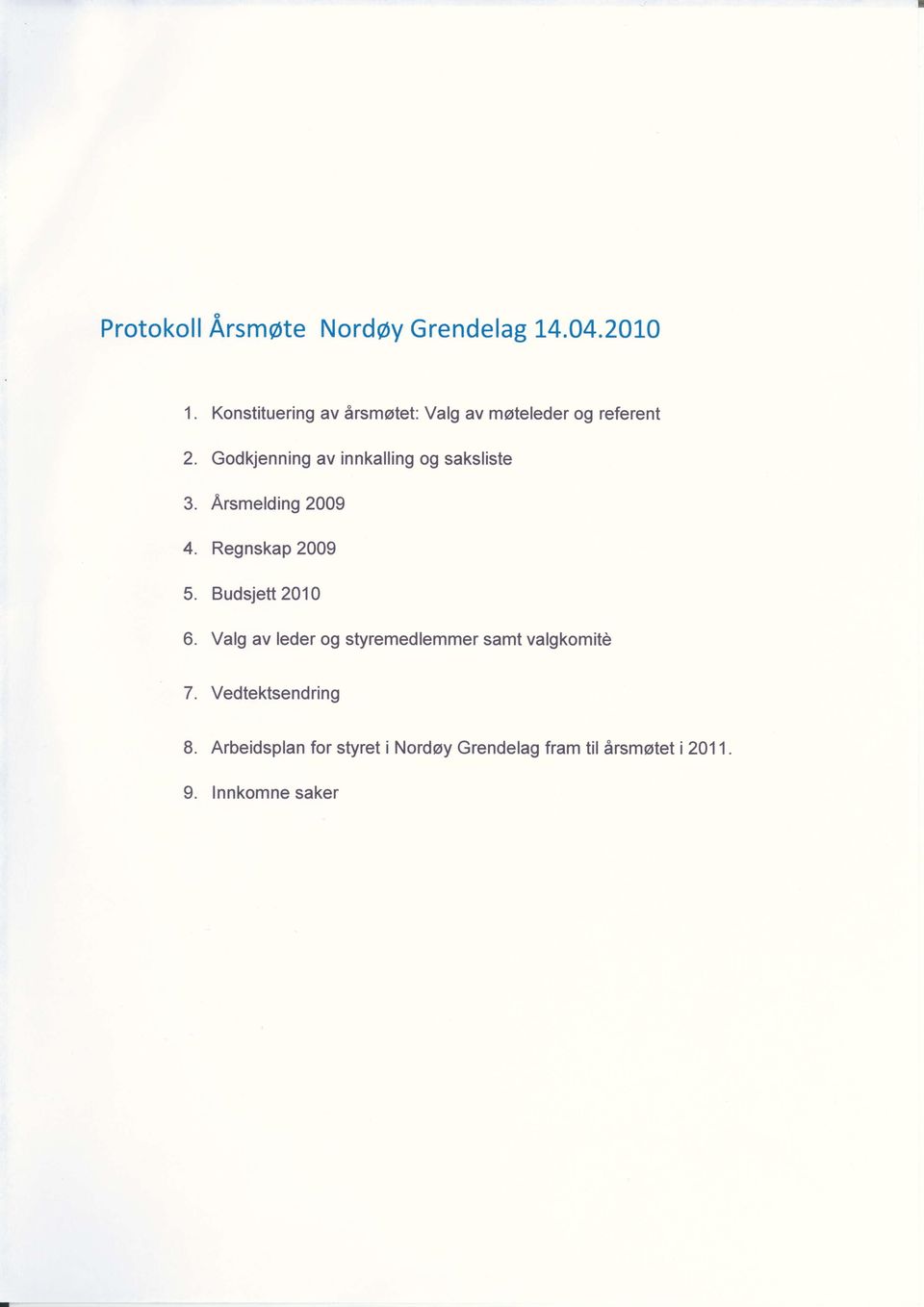 Gdkjenning av innkalling g saksliste 3. Arsmelding 2009 4. Regnskap 2009 5.