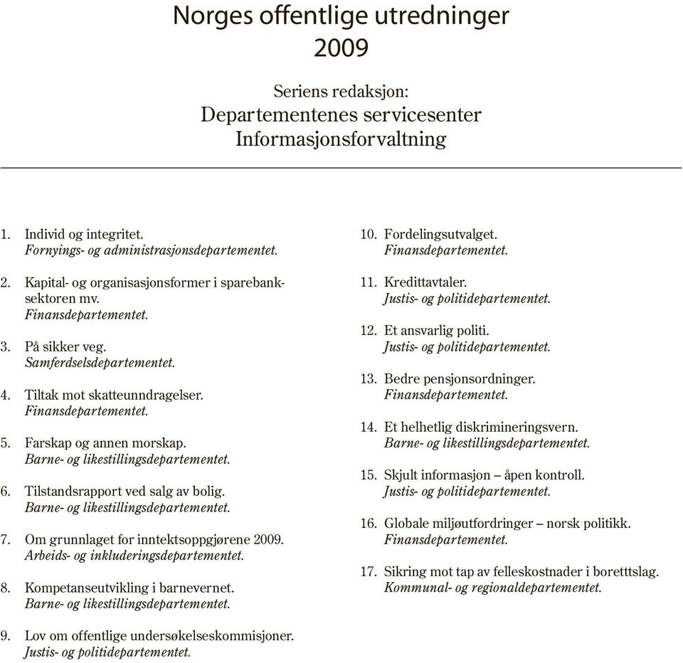 Farskap og annen morskap. Barne- og likestillingsdepartementet. 6. Tilstandsrapport ved salg av bolig. Barne- og likestillingsdepartementet. 7. Om grunnlaget for inntektsoppgjørene 2009.