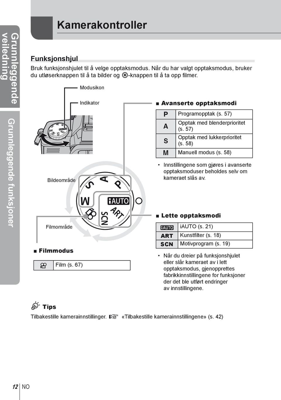 67) Modusikon Indikator Avanserte opptaksmodi P Programopptak (s. 57) A Opptak med blenderprioritet (s. 57) Opptak med lukkerprioritet S (s. 58) M Manuell modus (s.