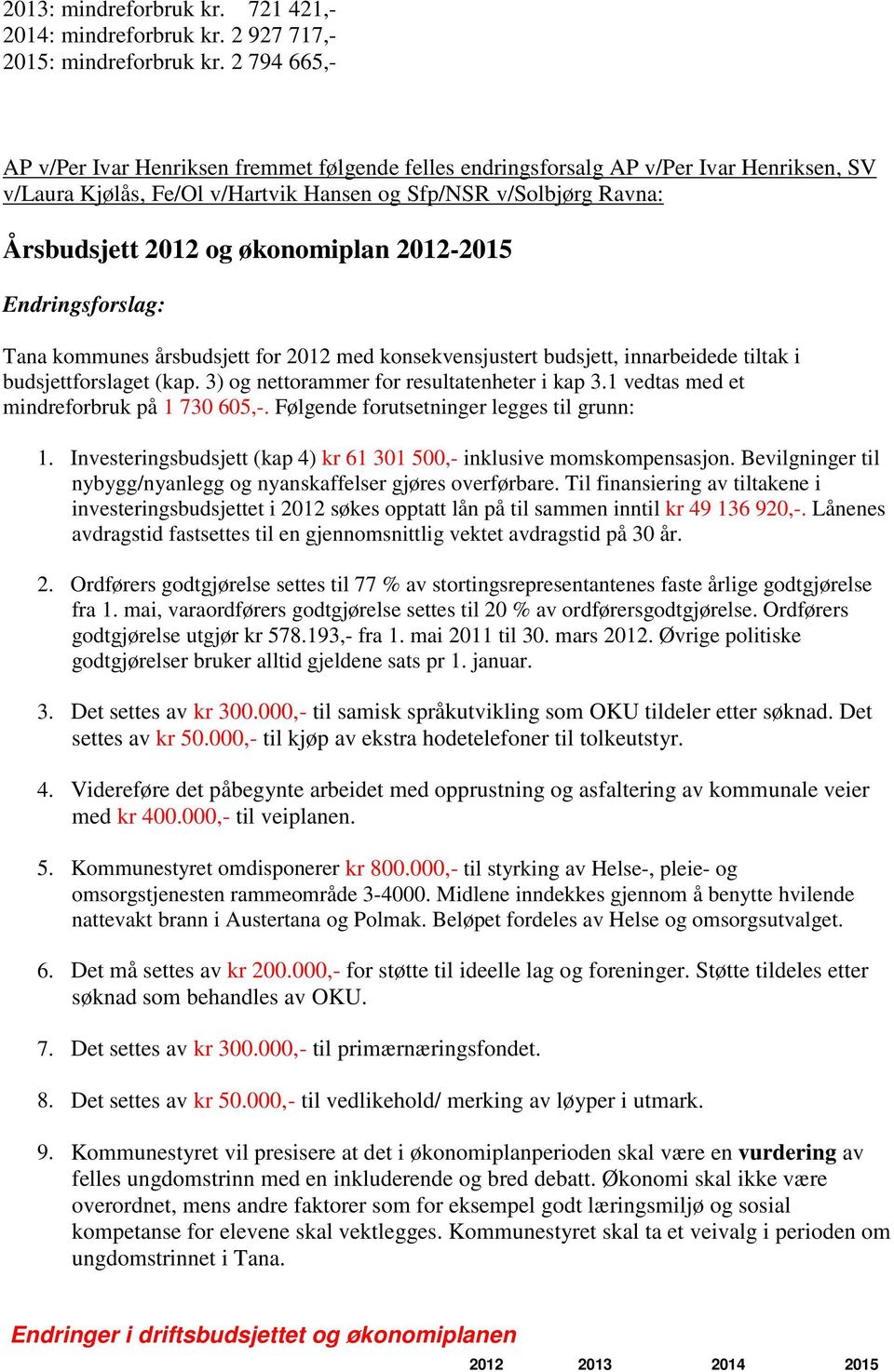 økonomiplan 2012-2015 Endringsforslag: Tana kommunes årsbudsjett for 2012 med konsekvensjustert budsjett, innarbeidede tiltak i budsjettforslaget (kap. 3) og nettorammer for resultatenheter i kap 3.