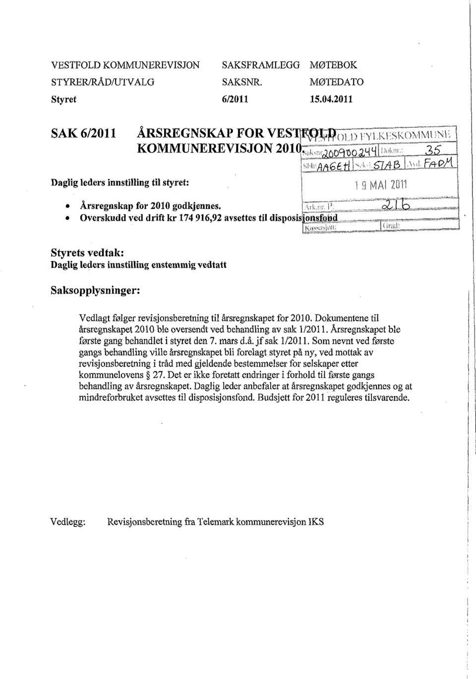 Overskudd ved drift kr 174 916,92 avsettes til disposrsonsfod 1\d P Styrets vedtak: Daglig leders innstilling enstemmig vedtatt Saksopplysninger: Vedlagt følger revisjonsberetning til årsregnskapet