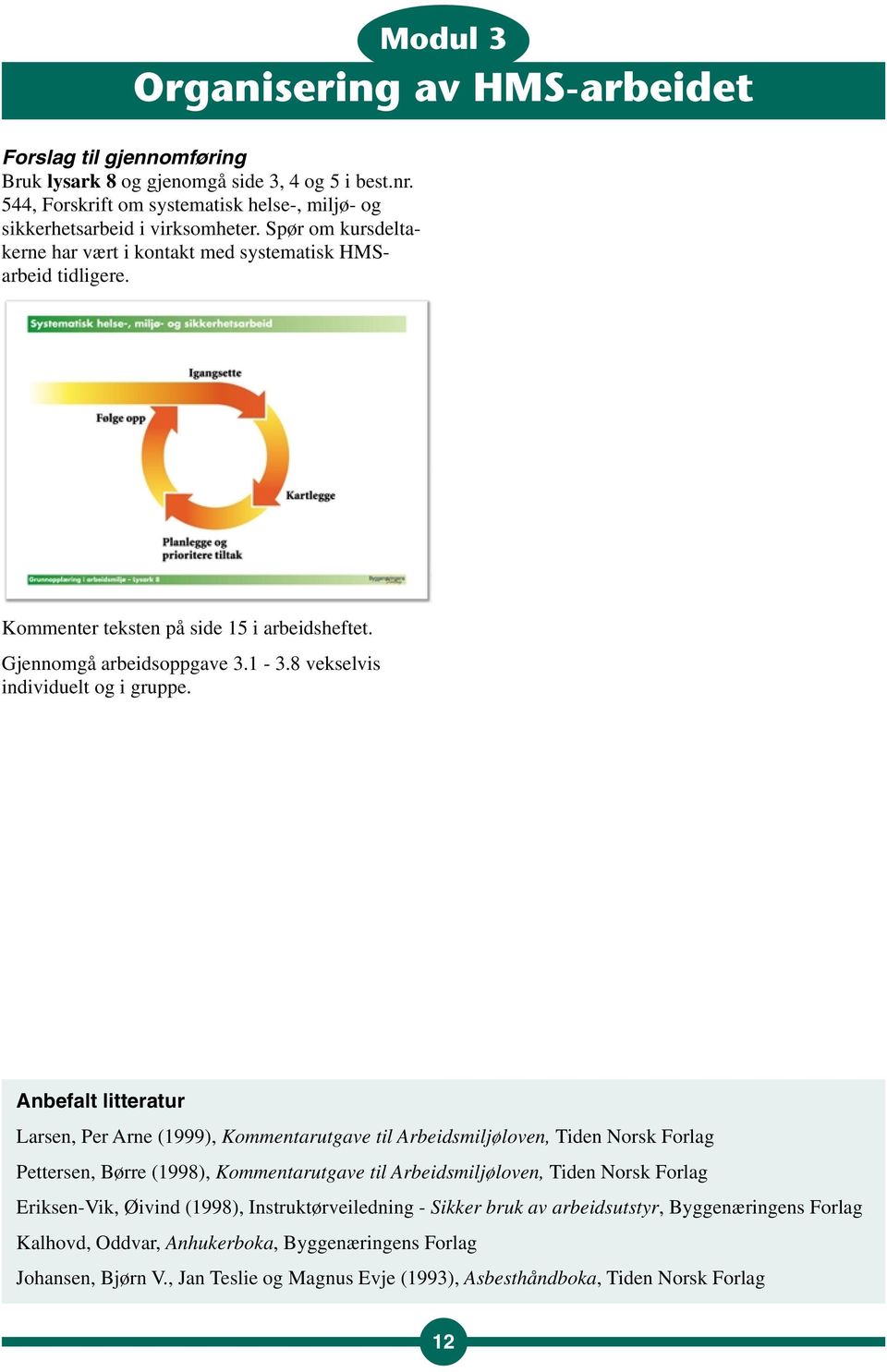 Anbefalt litteratur Larsen, Per Arne (1999), Kommentarutgave til Arbeidsmiljøloven, Tiden Norsk Forlag Pettersen, Børre (1998), Kommentarutgave til Arbeidsmiljøloven, Tiden Norsk Forlag Eriksen-Vik,
