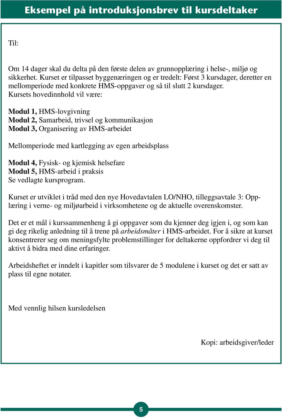 Kursets hovedinnhold vil være: Modul 1, HMS-lovgivning Modul 2, Samarbeid, trivsel og kommunikasjon Modul 3, Organisering av HMS-arbeidet Mellomperiode med kartlegging av egen arbeidsplass Modul 4,