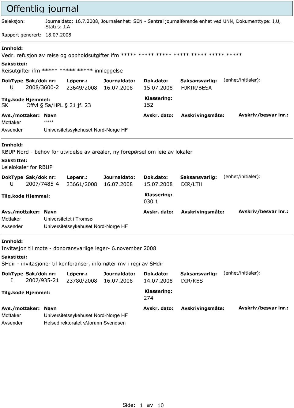 Universitetssykehuset Nord-Norge HF nnhold: RBUP Nord - behov for utvidelse av arealer, ny forepørsel om leie av lokaler Leielokaler for RBUP U 2007/7485-4 23661/2008 DR/LTH 030.